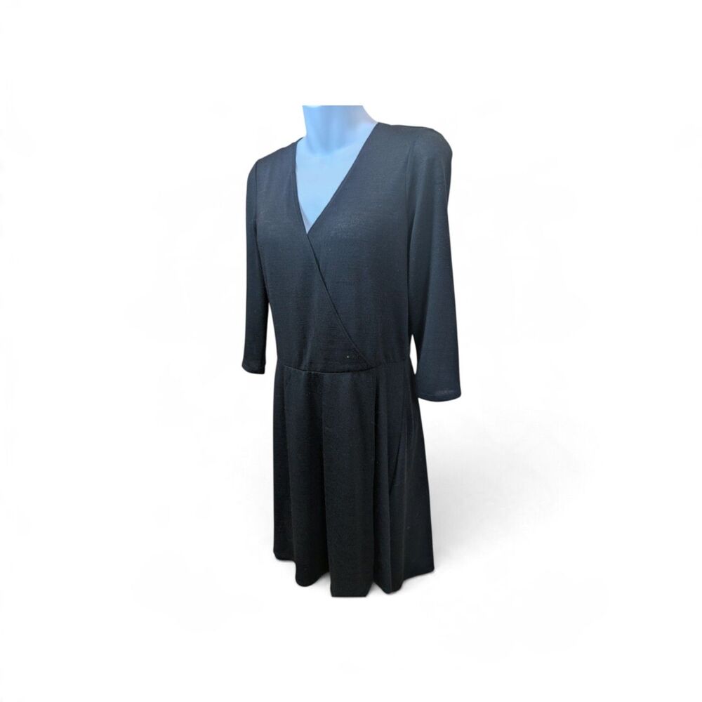 Black Wrap V-Neck Long Sleeve Knit Midi Dress Fit And Flare Size XL